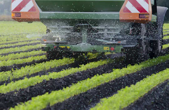 Farm machinery spreading fertiliser, which is a major source of agriculture emissions. Farm machinery spreading fertiliser, which is a major source of agriculture emissions.