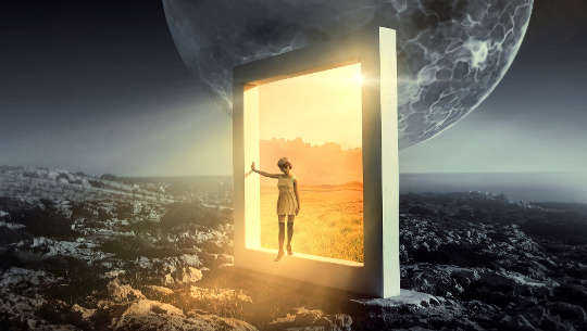 How to Make Spiritual Contact with The Other Side a child in an open door in a bleak landscape, yet the open door leads to bright light