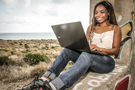 Work-Life Balance? From Balancing to Integrating young woman sitting with her back against a tree working on her laptop