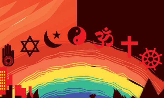 Today's Inspiration: October 30, 2022 symbols of various religions overlaid on a rainbow and a cityscape