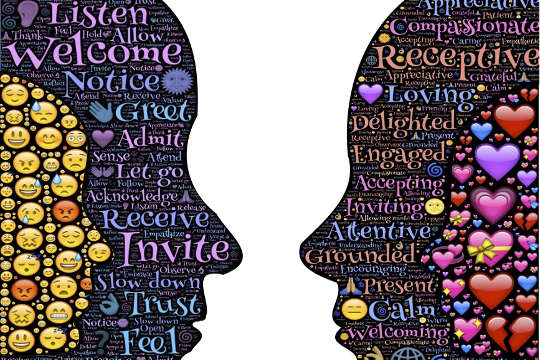 Today's Inspiration: December 24, 2022 two faces in silhouette facing each other: one filled with a variety of emoticons, the other filled with love