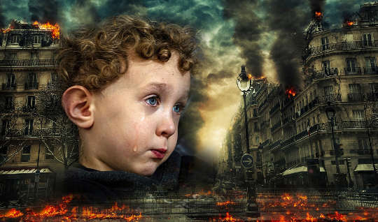 A Sane Response to the Death of Certainty in a Torrent of Trauma a crying child in the face of war, destruction, and chaos