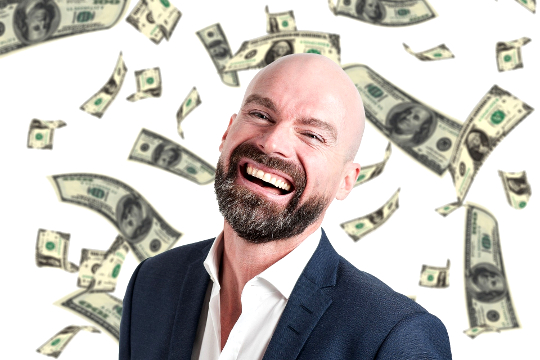 Making a Conscious Choice to Be Wealthy a smiling man with money falling from the skies around him