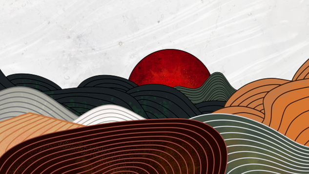 a line drawing of a sunset with various colors in the ground in front of it