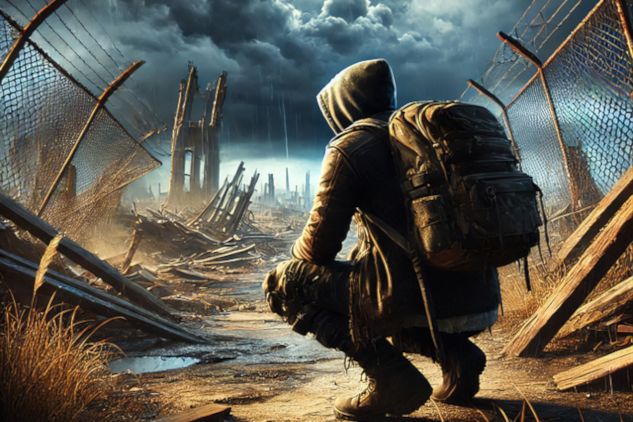 a man wearing a backpack looking at the wrech of a capsized boat