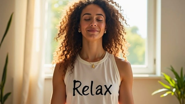 a young woman sitting in meditation with a shirt that says RELAX