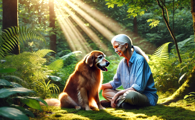 My Favorite Animal is not a Chimpanzee image of an older woman sittting in the forest with a dog