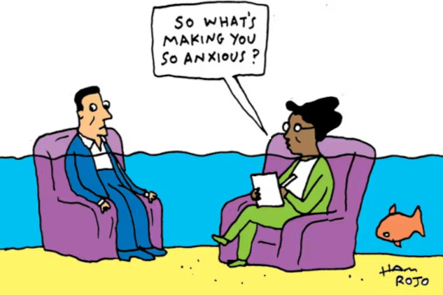 What To Do with Eco-Anxiety in the Midst of Climate Chaos a cartoon of a counselor asking her patient why he is so anxious as the water rises around them