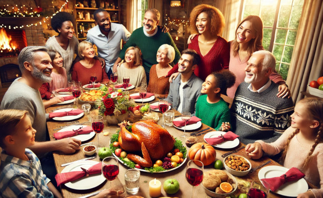 a large family gathered around a thanksgiving feast