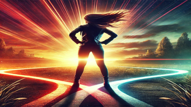 Looking for Someone to Fix Your Life and Make It Better? a woman with wind blowing on her hair standing at a crossroads in full sun