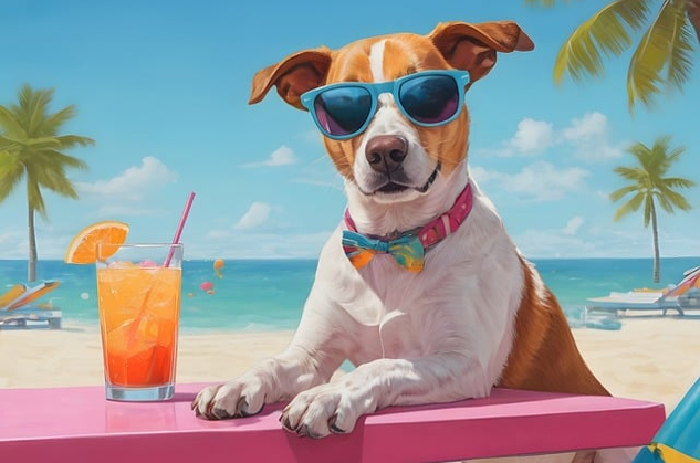 What’s It Like to Be a Dog in Our World? dog wearing sunglasses and with an orange drink in a glass with straw