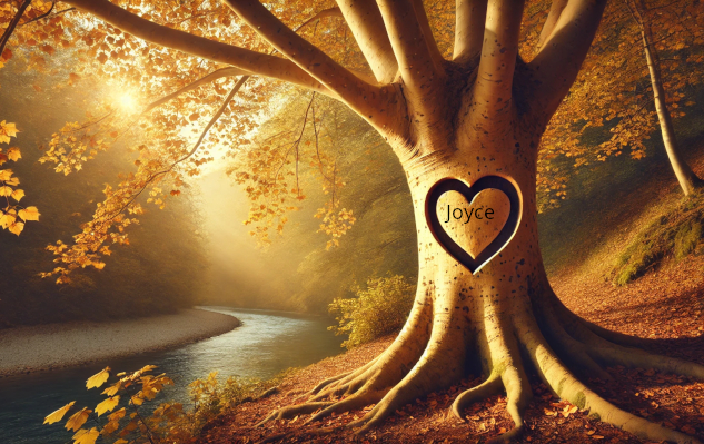 A sycamore tree with a heart and the name Joyce carved into the trunk
