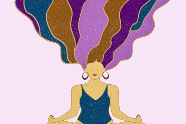 InnerSelf Magazine: April 14, 2025 A woman in meditation with her multicolored hair (red, blue, and purple) lifted up towards the heavens. Image by Bianca Van Dijk from Pixabay.