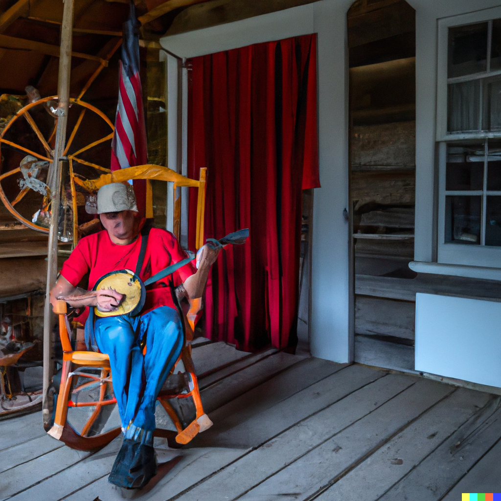 DALLE 2023 04 15 05.50.02   man with a red cap playing a banjo while sitting in a rocking chair on a porch of an old house in mountains of West Virgina