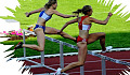 two women track runners jumping a hurdle