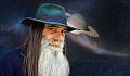 older long bearded man standing in front of a starry sky and planet