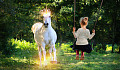 young girl on a swing looking at a unicorn