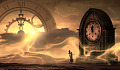 a mystical setting with a woman and an old clock